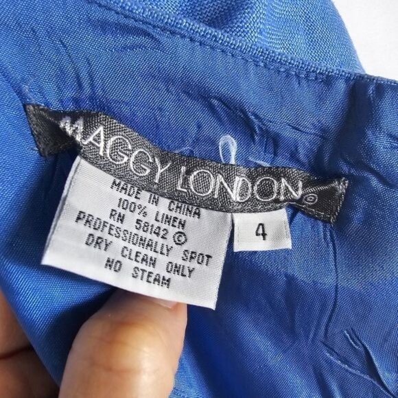 Vtg Maggy London Linen Square Neck Dress Sz 4 Embroidered Beaded Cottagecore - Picture 7 of 10